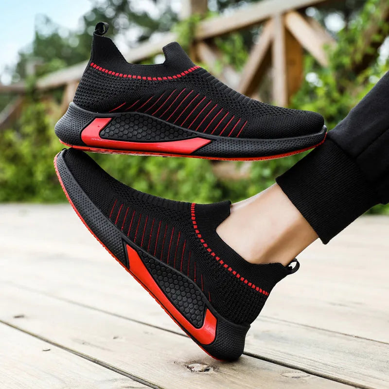 Men's mesh sock sneakers with striped design and lace-up front closure