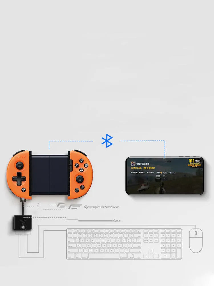 Feizhi Wee2T wired USB mobile game controller in blue or orange with a stretch handle.