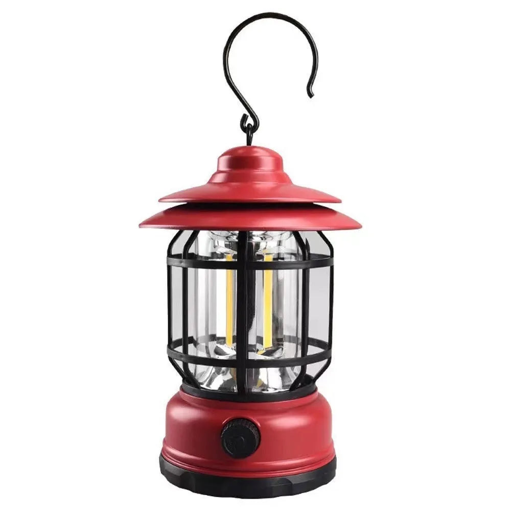 Portable camping head lamp lantern with magnetic base in black, red, or dark green showing 360° illumination