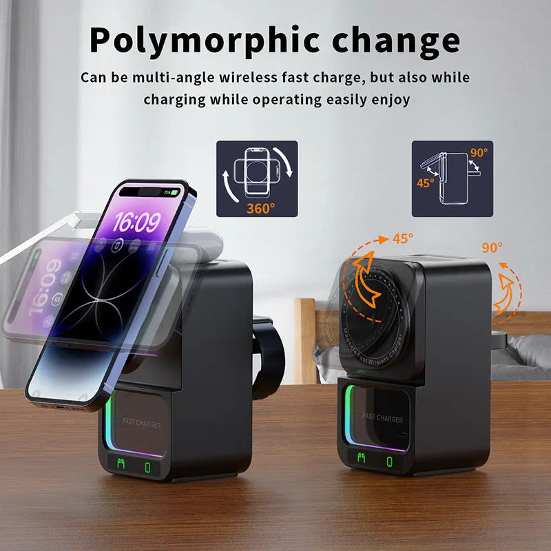 Black and white wireless charging station with Bluetooth speaker and magnetic charging surface
