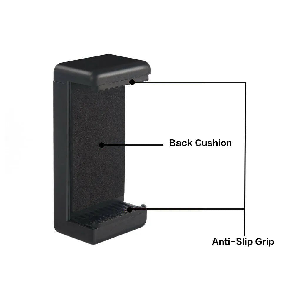 Black single phone holder with rotating clamp on a desk, measuring 10mm by 4mm by 3.5mm