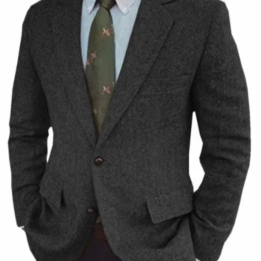 Man wearing a brown herringbone pattern retro-style suit jacket with long sleeves.