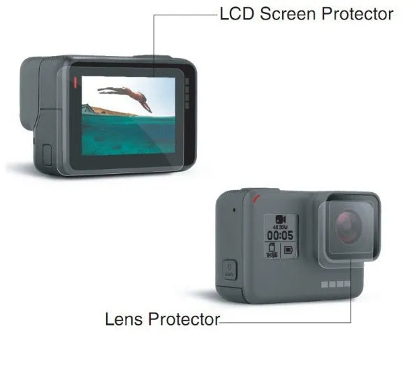 Transparent tempered glass lens and LCD screen protector set for GoPro Hero 5, 6, and 7 cameras