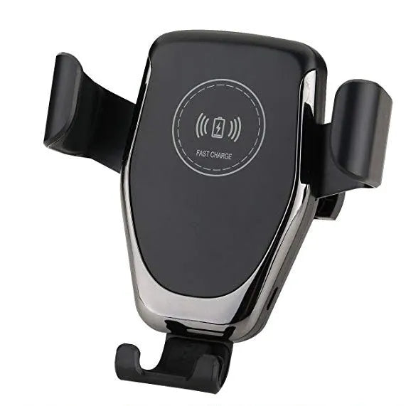 Black car wireless charger mount holding iPhone with automatic clamping arms on car vent