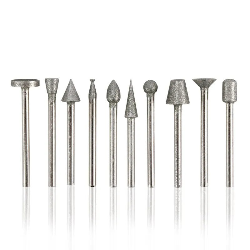 Set of alloy diamond grinding heads with elliptical cone shape and 3mm shank for rotary tools.
