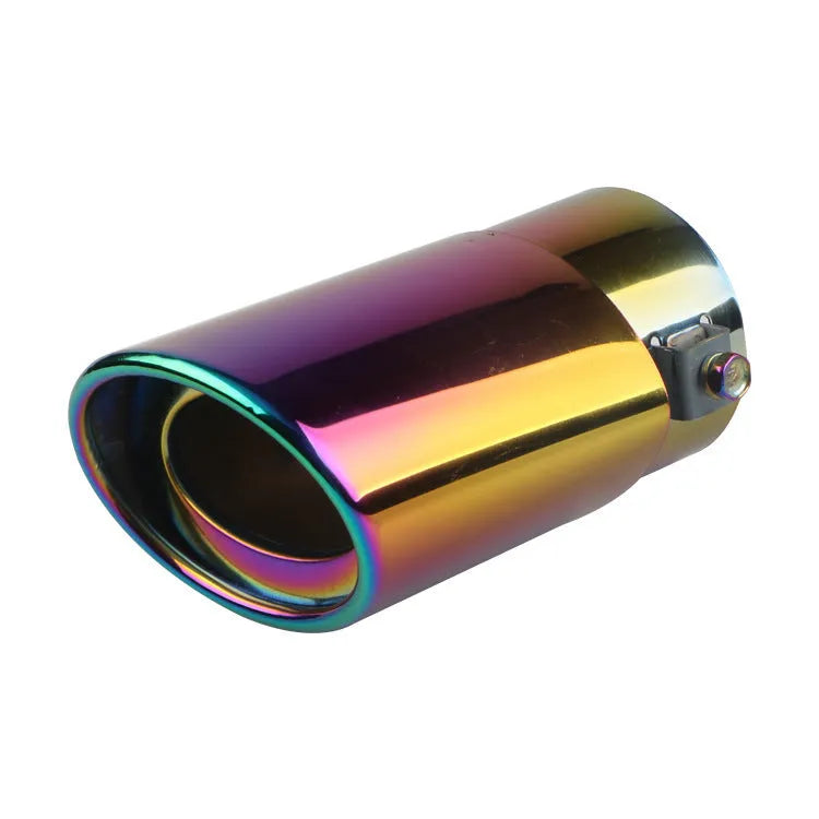 Stainless steel car modification tailpipe in baked blue, bright silver, and colourful finishes, straight and curved styles.