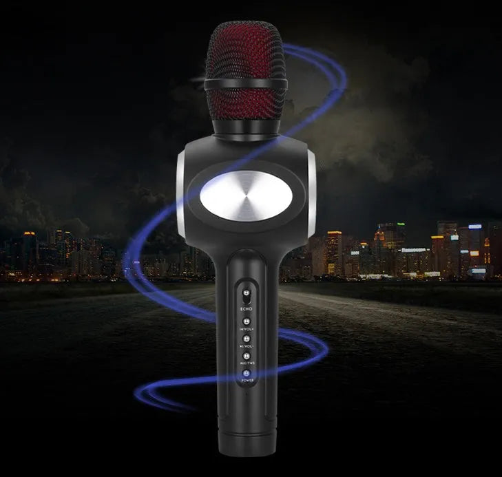 Yaerjia E108 handheld karaoke microphone in black, gold, or pink with rechargeable battery.