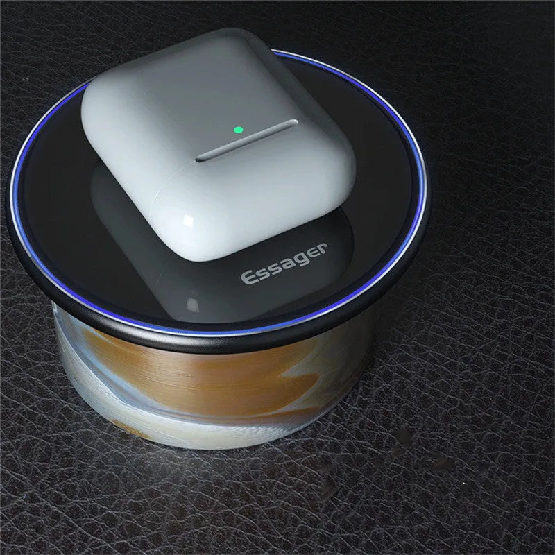 Black wireless charging pad with LED indicator light for phones and headphones