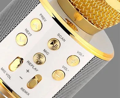 Wireless Bluetooth mini karaoke microphone speaker in black with LED light effects for home singing