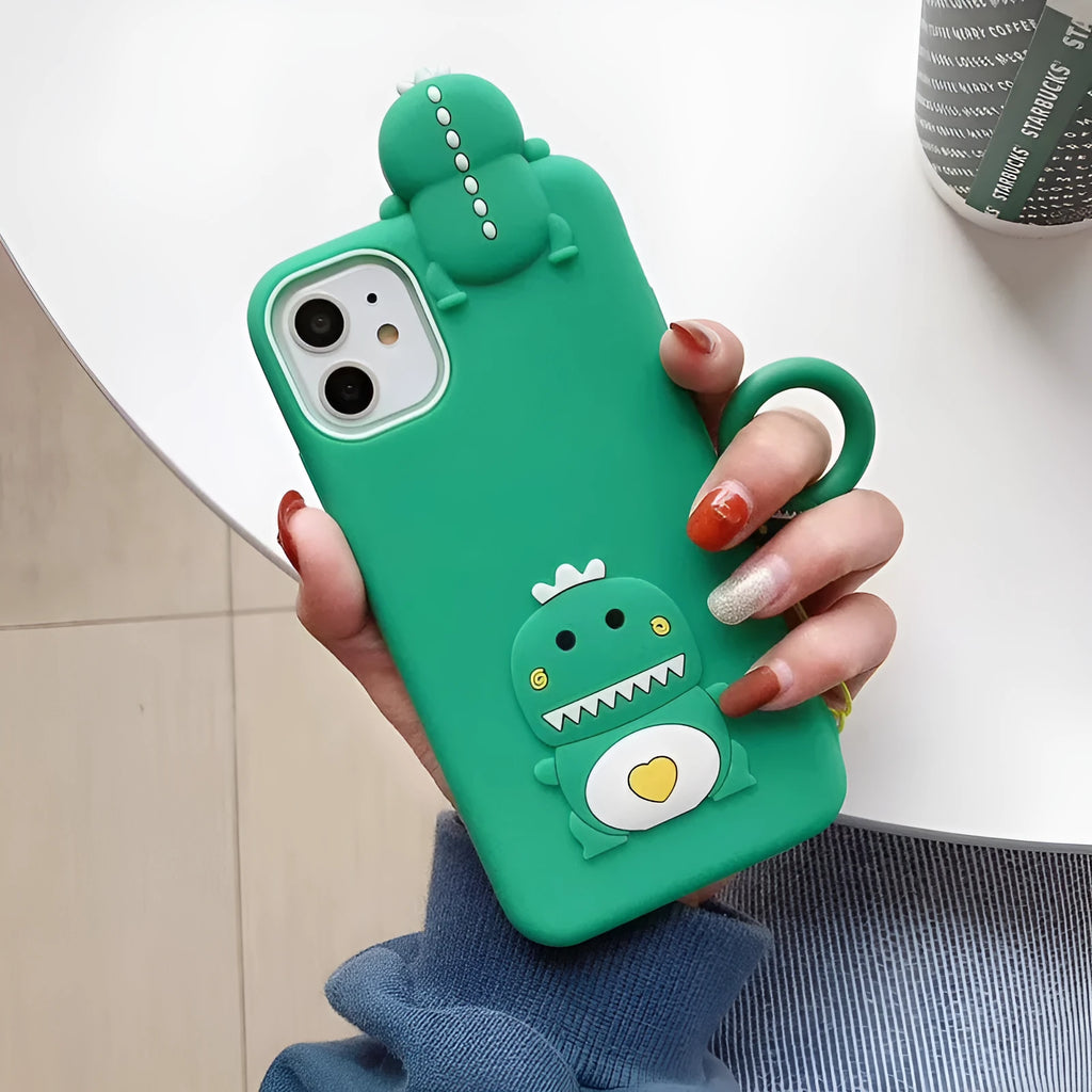 Green silicone iPhone case with a cartoon animal design on the back