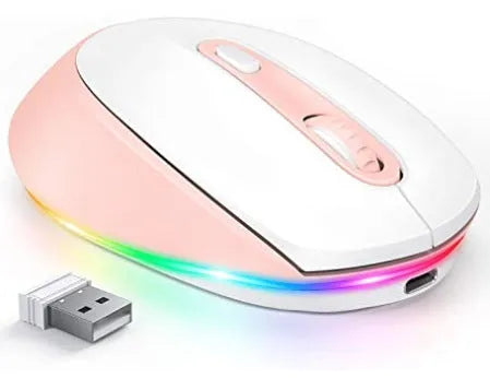 Lightweight 24g wireless rechargeable mouse in multiple colours next to its USB charging cable