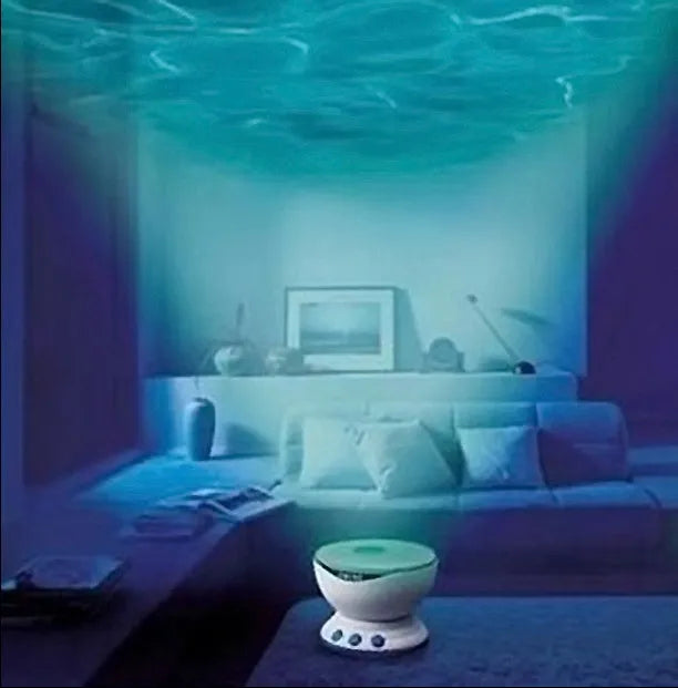 A blue ocean-themed LED projection lamp displaying aquatic imagery on a wall.