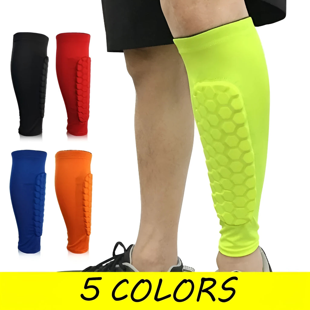 Lycra shin guard leg sleeve with silicone band in black, green or blue, sizes M L XL for football and training