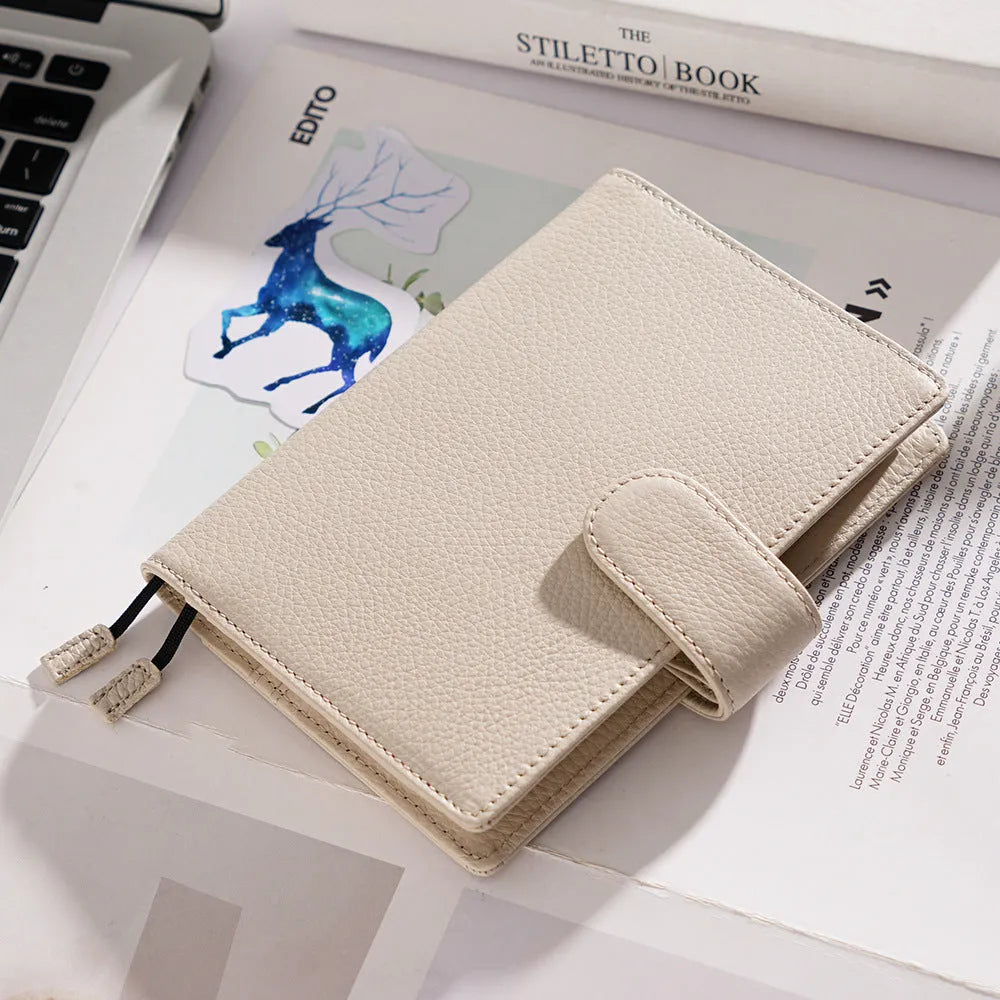 A6 loose-leaf cowhide diary with lychee pattern cover, 12 x 16.5cm, in off white, pink, or white.