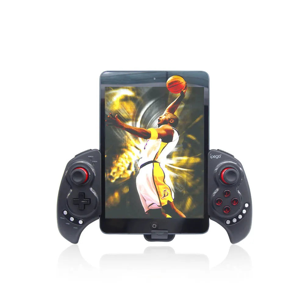 Black wireless Bluetooth controller with telescopic stand extended holding a smartphone in landscape orientation