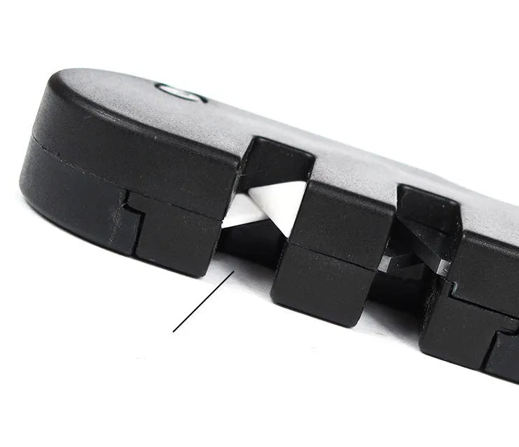 Pocket Pal compact knife sharpening tool in Black colour showing fold-out carbide blades ceramic stone and diamond rod