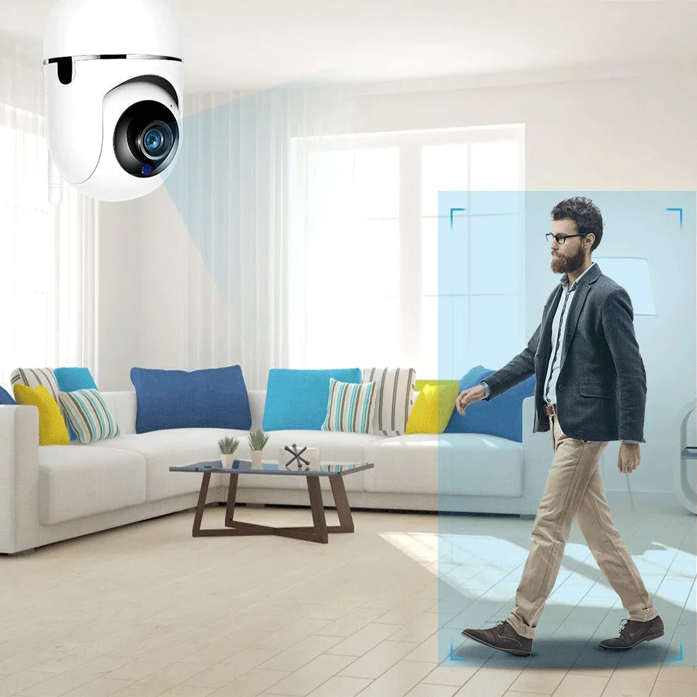 Compact black WiFi security camera with stand, 1080P HD indoor monitoring, night vision and motion detection