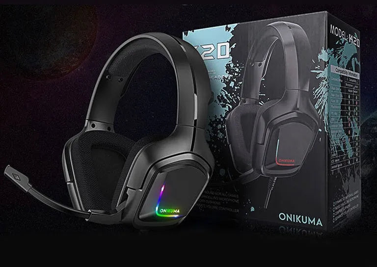 K20 RGB luminous wired over-ear gaming headset with microphone, cloth earmuffs, and braided cable in camouflage grey.
