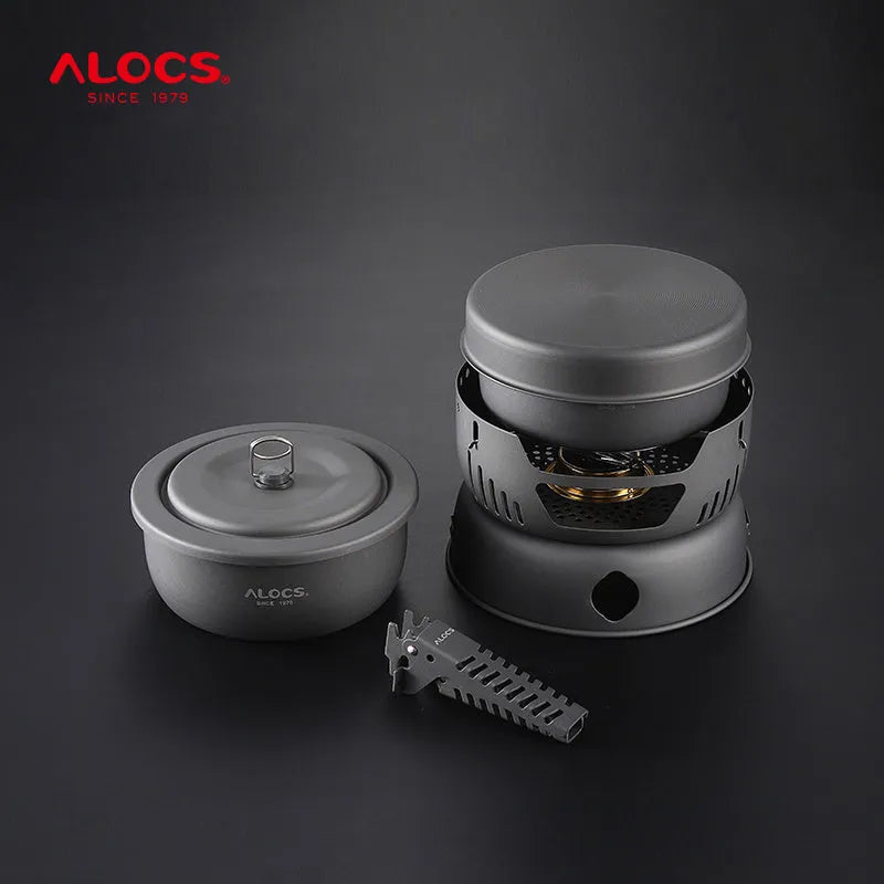 Alocs aluminium camping pot set with foldable handles and nested cooking pots