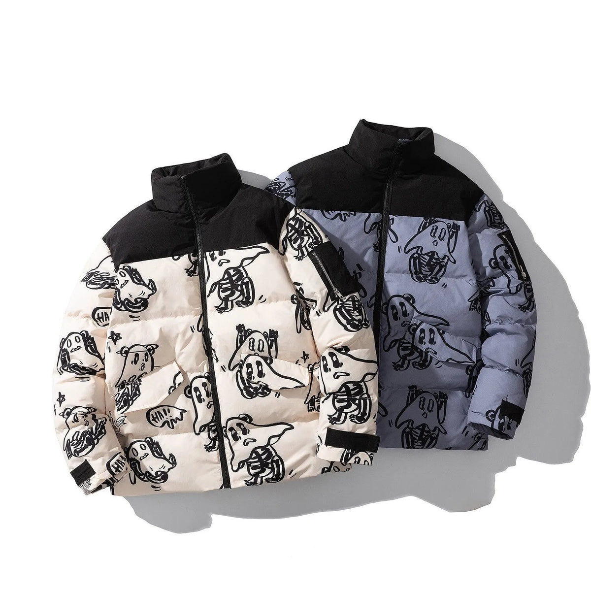Korean style loose bread clothes winter men hooded jacket in beige or blue, thick polyester fill, sizes M to 4XL