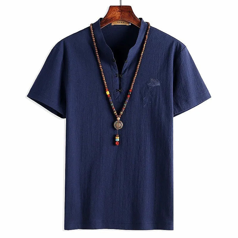 Men's Chinese style short-sleeved T-shirt with embroidery and retro buckle, cotton linen, khaki black grey