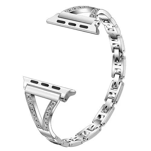 Stainless steel watch strap with diamond accents in rose gold finish, shown attached to a watch.