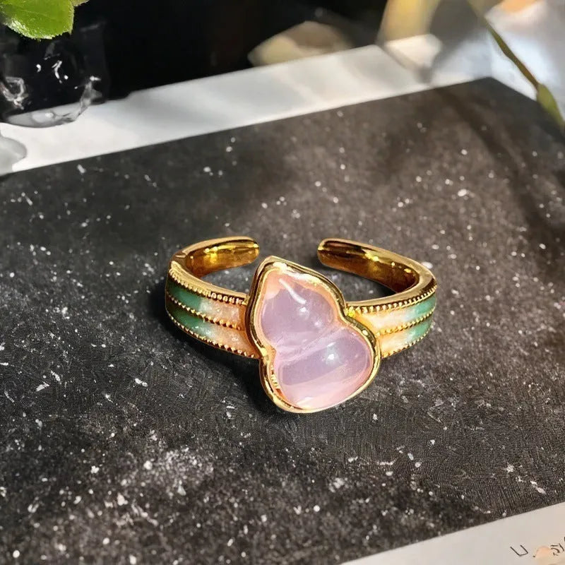 Adjustable vintage oil dripping gourd ring in antique copper with inlaid zircon stones