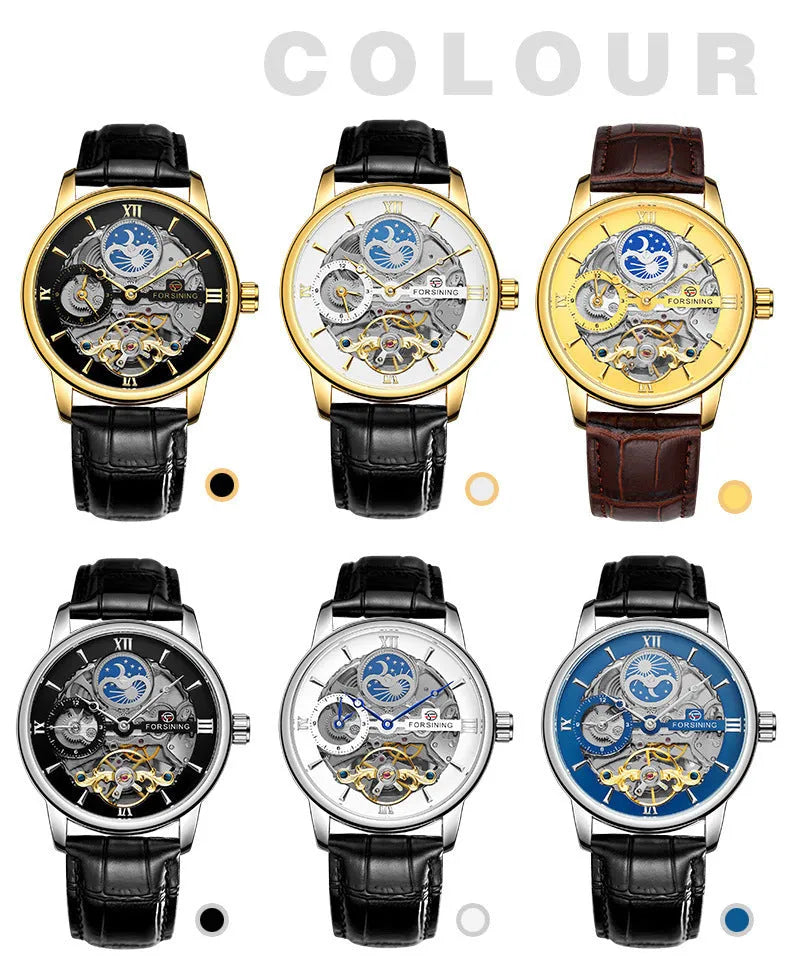 Automatic mechanical watch with hollow moon dial, 13.5mm thick, gold or silver case, black gold blue or white face