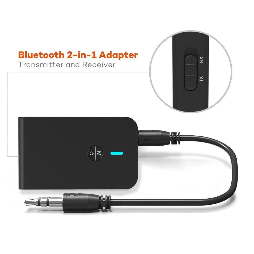 Black Bluetooth audio adapter with 3.5mm AUX jack and USB cable for wireless streaming