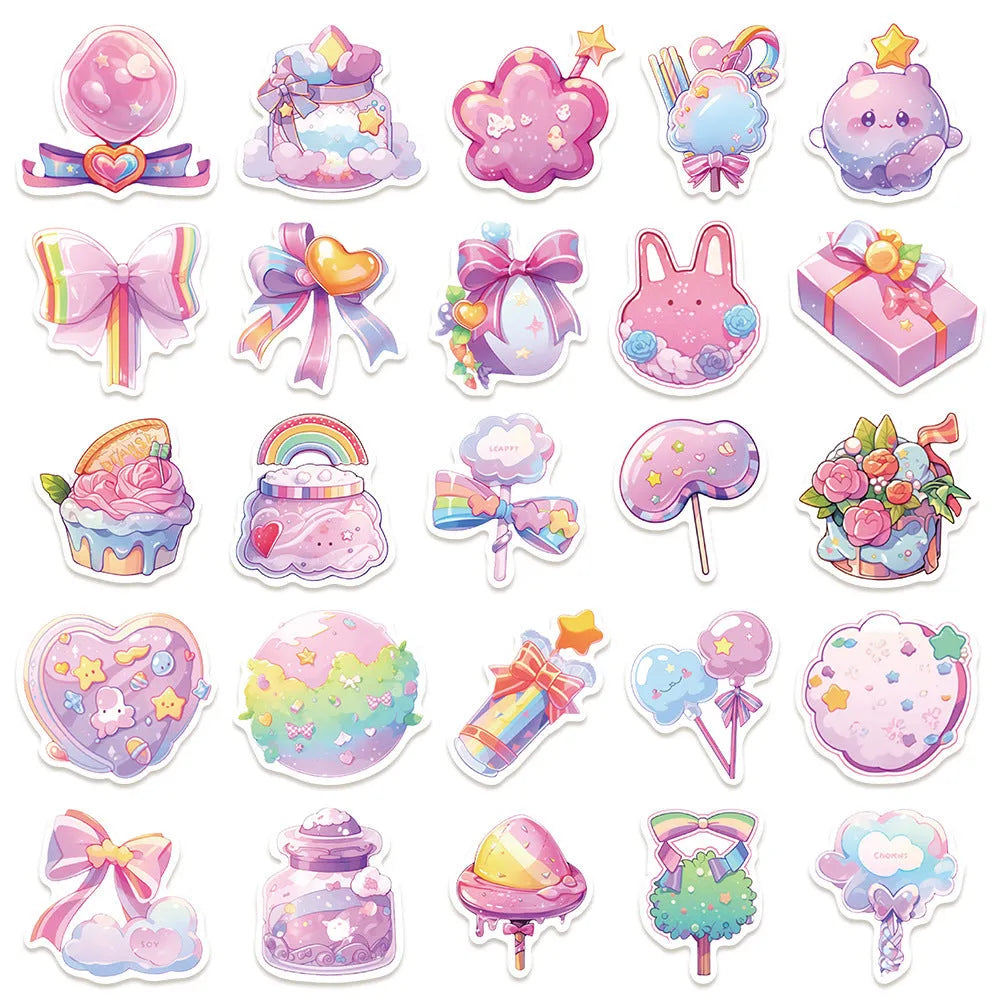 Pack of 50 fresh candy coloured waterproof decorative stickers with small object designs for journal decoration.