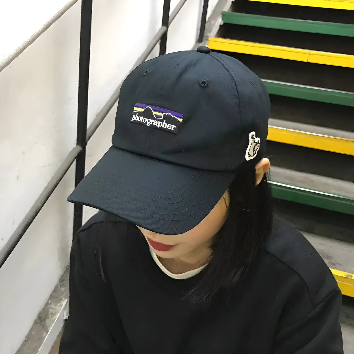 Men's black cotton baseball cap with letter pattern and soft top, street style winter travel hat