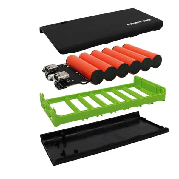 Red 20000mAh portable power bank with fast charging, showing front view with dimensions 145mm by 68mm.