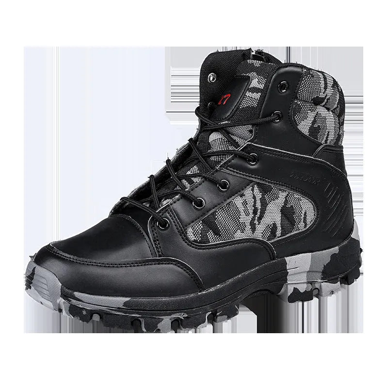 Men's high-top hiking shoes in black camouflage colour with artificial PU upper and metal detail.