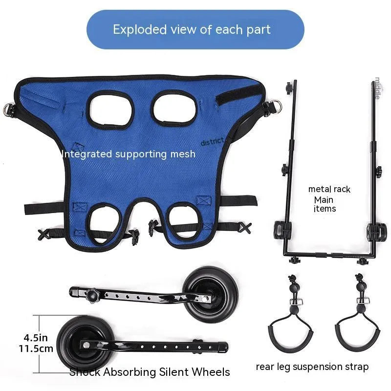 Blue dog wheelchair with aluminium alloy frame and polyester support, sizes XS to M