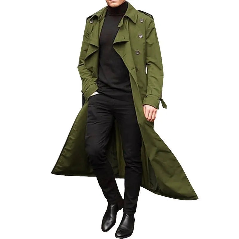 Men's long trench coat with epaulettes, chemical fibre blend, black, green, khaki, orange, Asian sizes