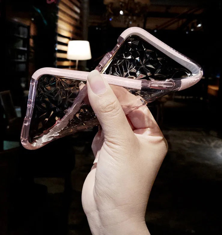 Flexible TPU mobile phone case with striped design for iPhone, shown in pink edge colour variant.