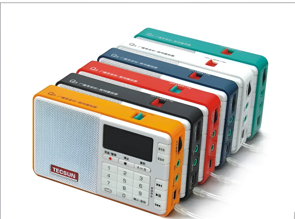 Tecsun Q3 digital audio player in a choice of six colours, showing front panel with buttons.