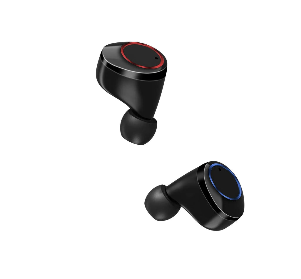Black X11 Bluetooth wireless earbuds with touch controls and charging case with optional wireless charging