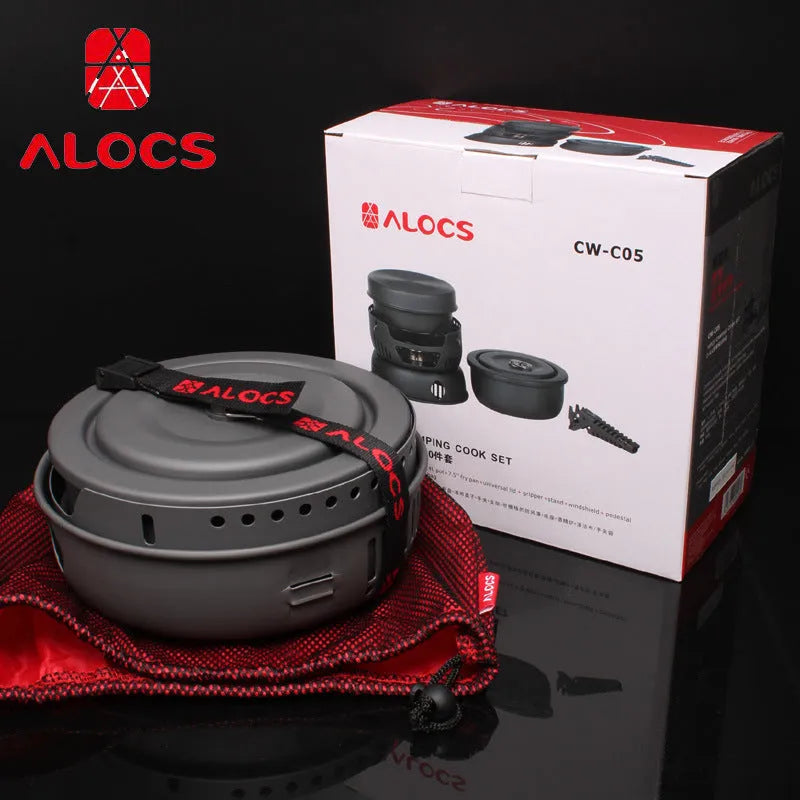 Alocs aluminium camping pot set with foldable handles and nested cooking pots