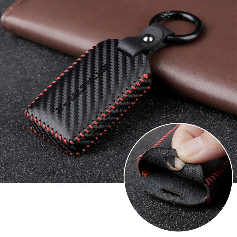 Black cow leather car key case for Angkersaila with 3D carbon fibre pattern and red line option