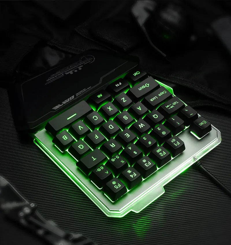 Black robotic one-handed gaming keyboard with RGB backlight and 1.8 metre USB cable