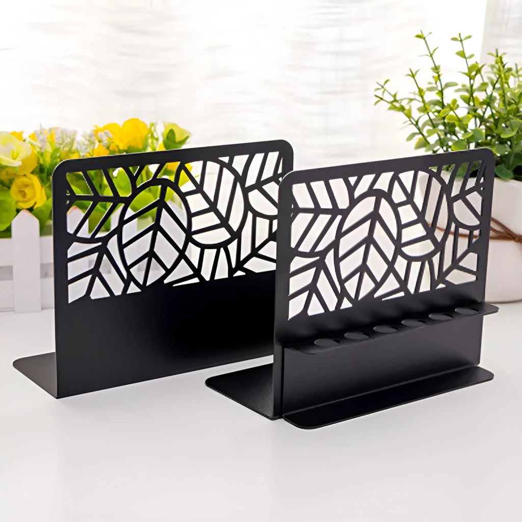 White Nordic style steel plate bookend set with six-hole pen holder and rounded corners on a desk