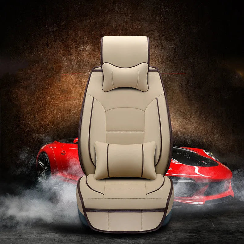 Five-seat car seat cushion cover set in leather-style material with cotton filler, available in multiple colours