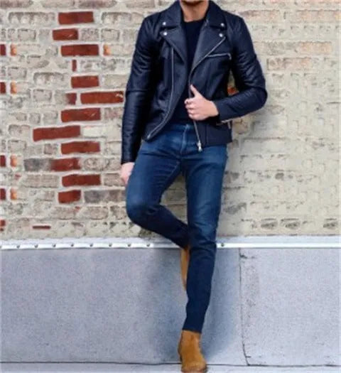 Men's denim-style jacket in black or purple, 50% polyester, Asian sizes M to 3XL