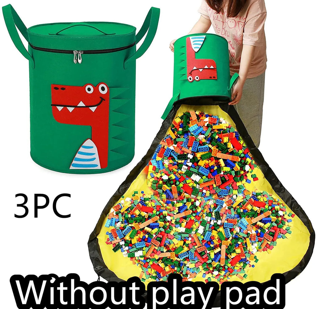 Green felt cube storage bag with a pull rope, shown unfolded as a flat play mat for toys.