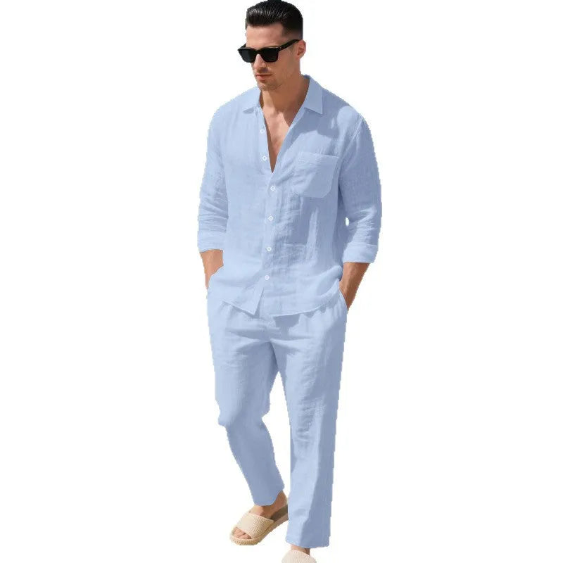 Linen blend long sleeve shirt and full-length trousers two-piece set in khaki, sizes S to XXXXL, casual autumn sport style