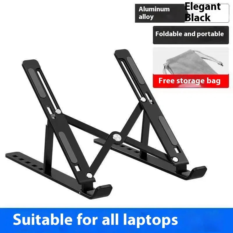 Silver aluminium alloy folding laptop stand holding a notebook, shown next to its cloth storage bag.