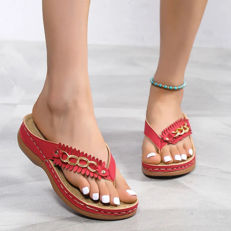 Women's wedge sandals with chain detail, artificial PU upper, anti-slip rubber sole, red dark brown black, sizes 36-43