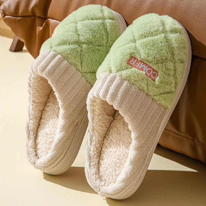 Solid rhombic letter plush home slippers with anti-slip EVA sole, five colours, sizes 36-45