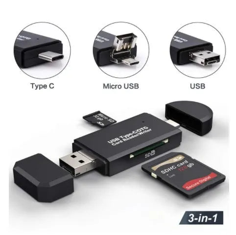 Black USB 3.0 memory card reader for SD and TF cards with USB-C connector